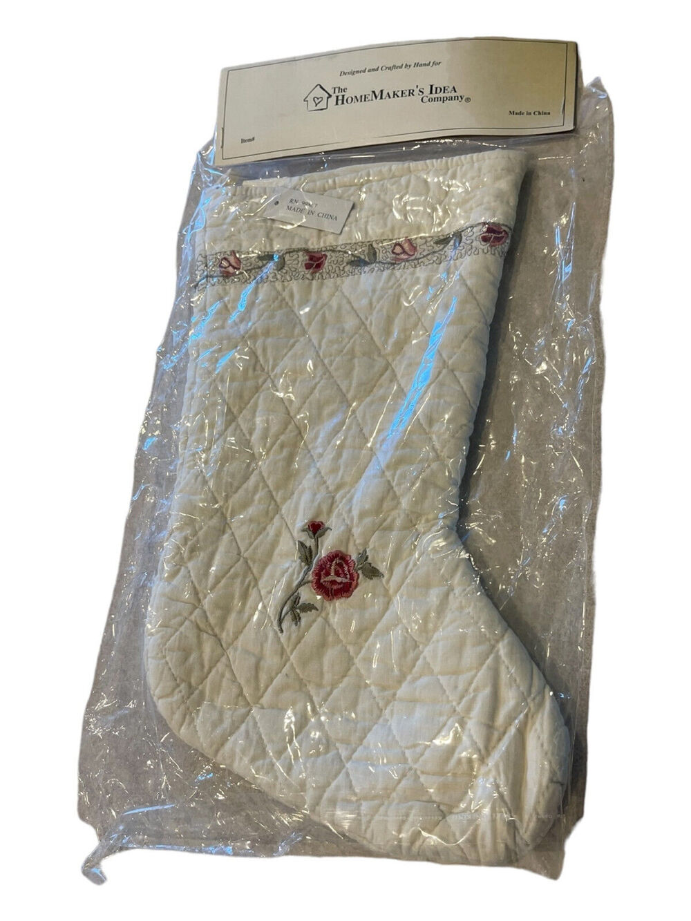 Embroidered Rose Christmas Stocking The HomeMaker's Idea Company NEW Sealed